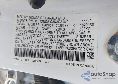 2020 Honda Civic Lx from USA, damaged, VIN 2HGFC2F64LH519143
